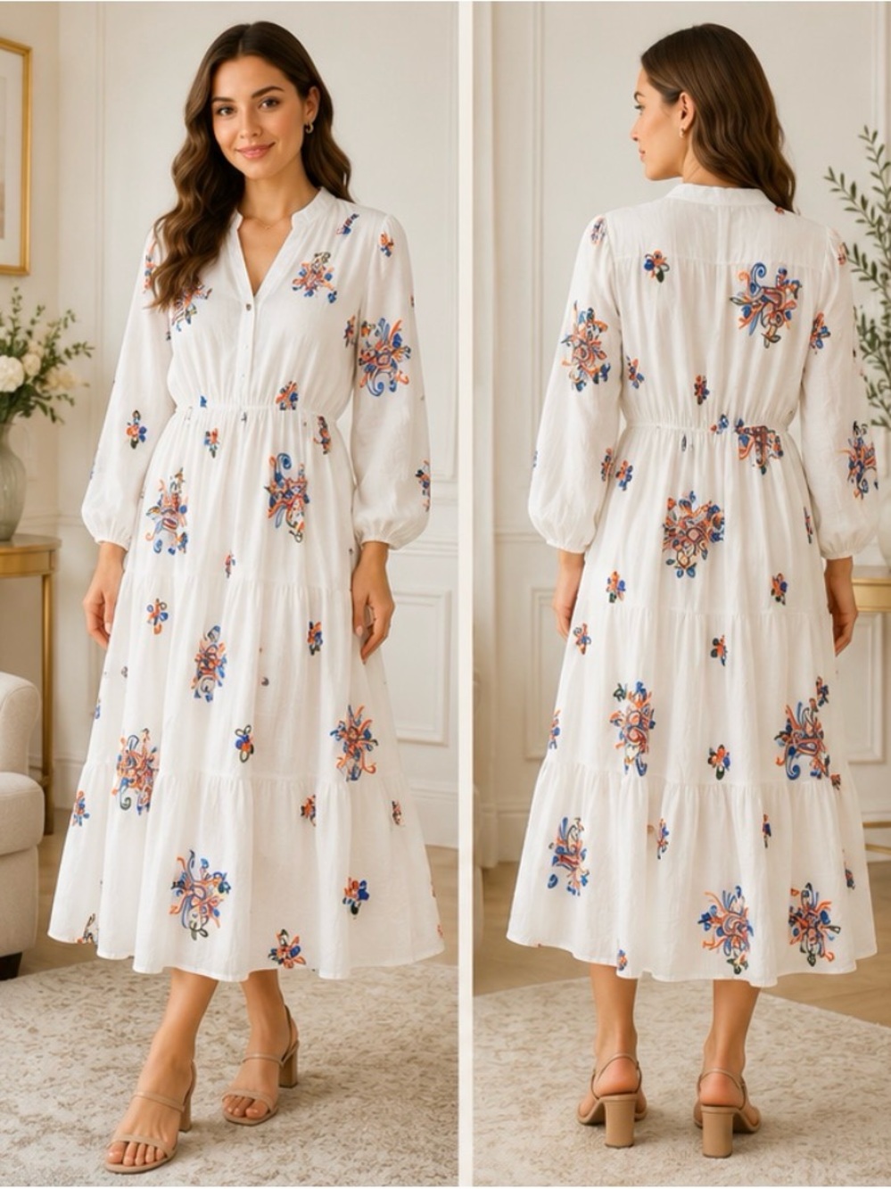 Kindred Petite White Embroidered Floral Tiered Midi Dress – Size PL